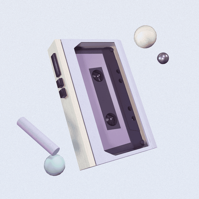 An heavily stylized retro cassette tape player with 3D shapes around it