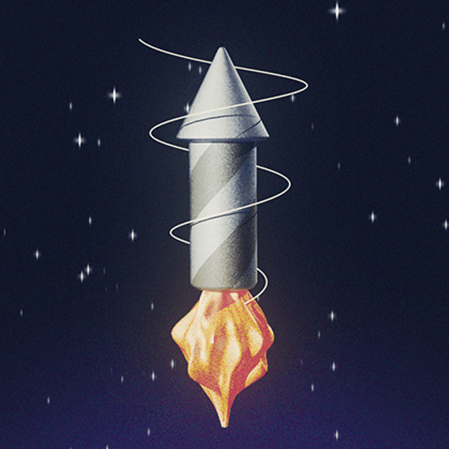 A cel-shaded grainy bottle firework rocket with a yellow spiral going around it behind a purple space background.