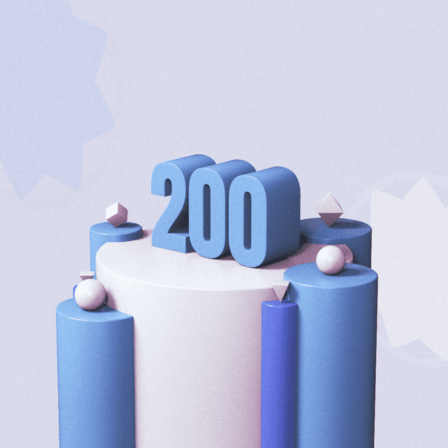 Giant text that says "200" on a large round podium again a light blue background